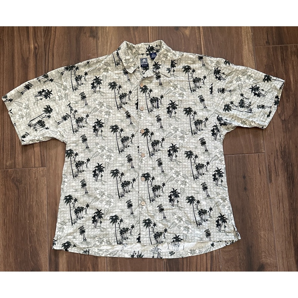 BXR Palm Tree Silk Button Up Mens Sz LG Island Tropical Short Sleeve Resort